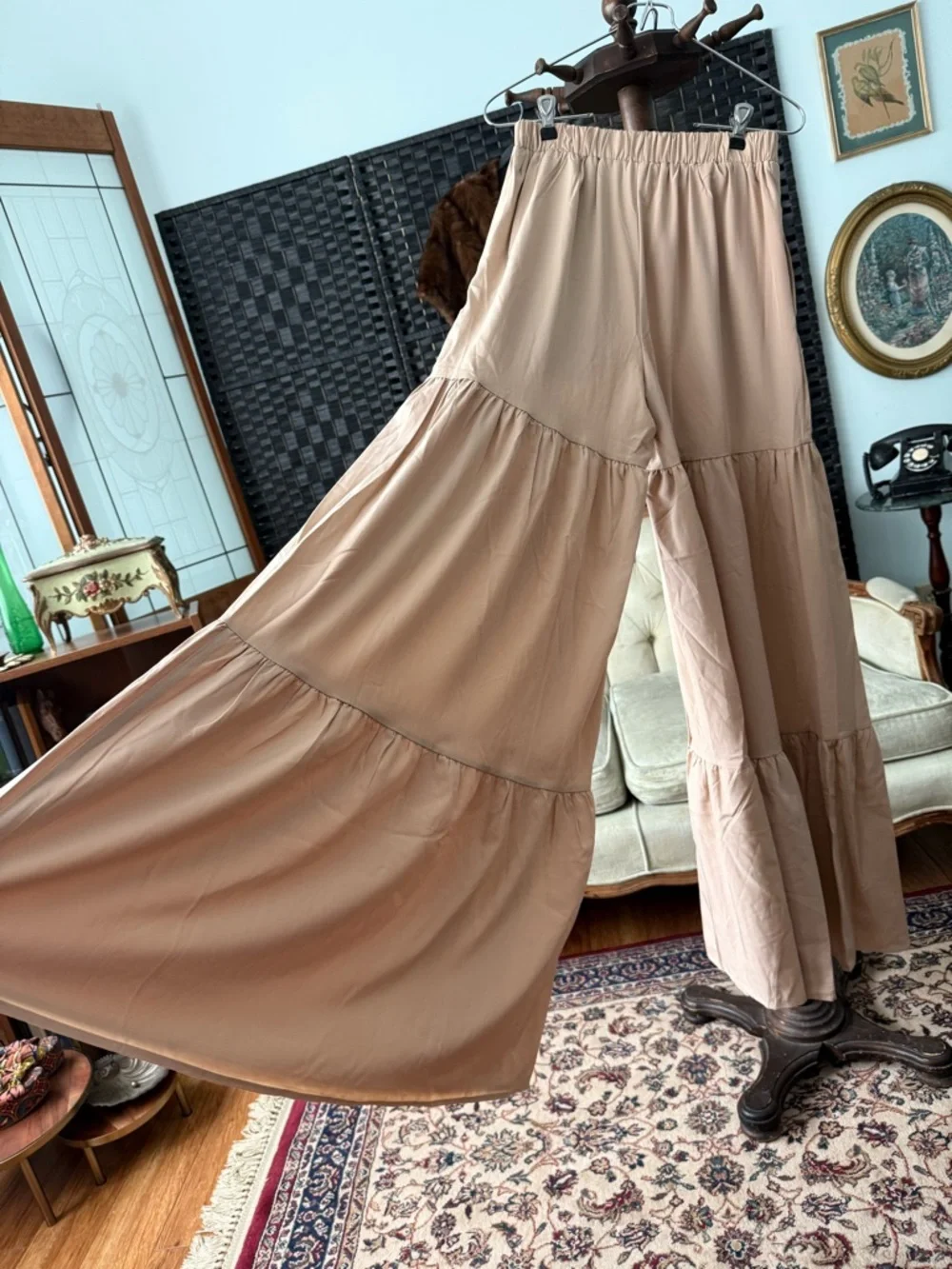 🤎 FAERIesty Neutral Two Piece Set Tiered Wide Leg Pants Crop Top Boho Chic Sz S - Picture 7 of 14